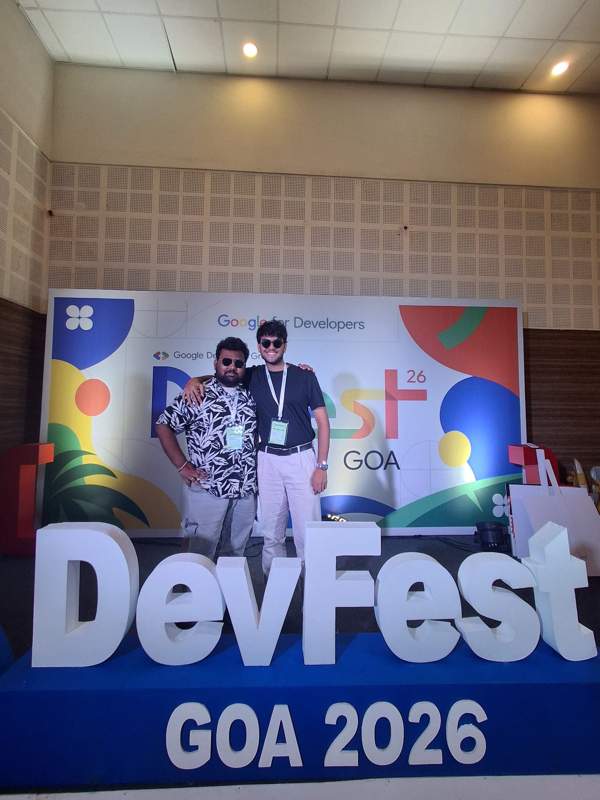 Shubham Chawhan photographed with Aditya at GDG DevFest Goa.
