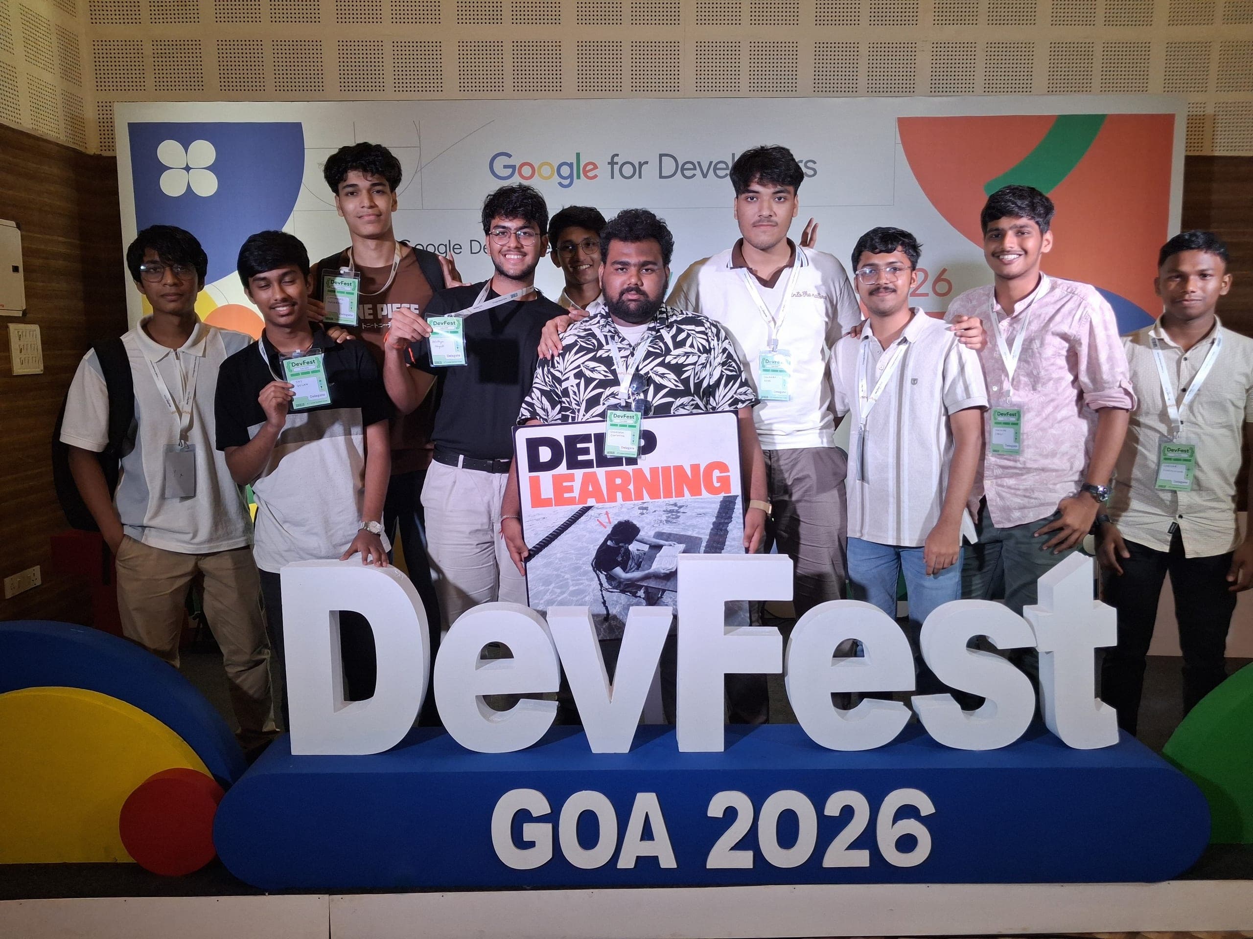 A second take of the group photograph with Shubham Chawhan and friends at GDG DevFest Goa.