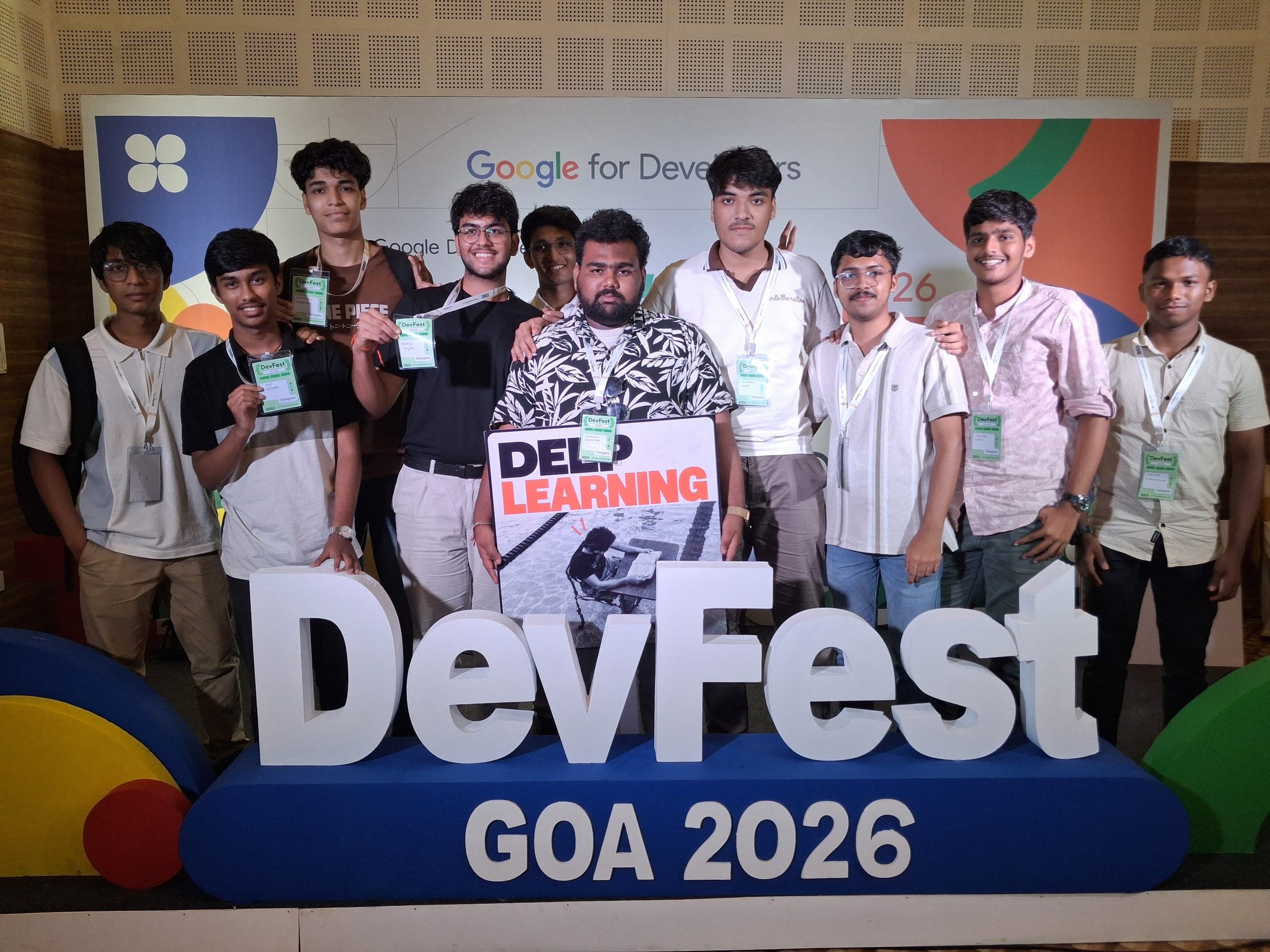 A third take of the group photograph with Shubham Chawhan and friends at GDG DevFest Goa.