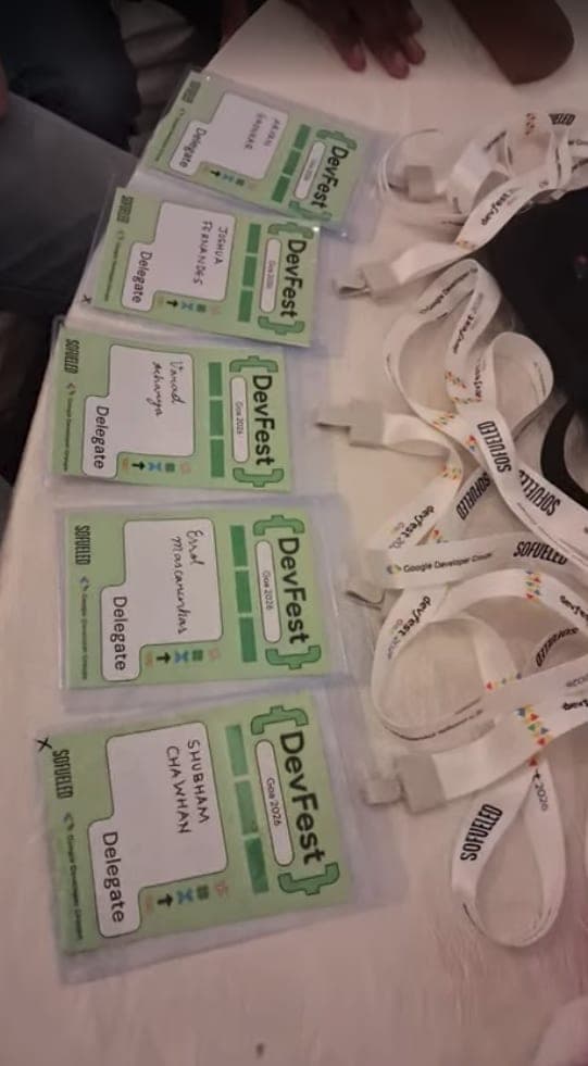 The DevFest Goa ID cards and lanyards belonging to Shubham Chawhan and his friends.